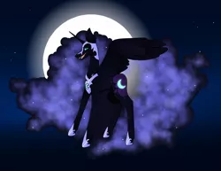 Size: 1080x835 | Tagged: safe, artist:tessa_key_, derpibooru import, nightmare moon, alicorn, pony, collaboration, ethereal mane, eyelashes, fangs, female, full moon, galaxy mane, helmet, hoof shoes, horn, image, jpeg, mare, moon, open mouth, peytral, smiling, solo, stars, wings