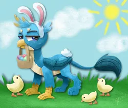 Size: 1280x1086 | Tagged: safe, artist:catscratchpaper, derpibooru import, gallus, bird, chicken, gryphon, basket, bunny ears, bunny tail, cloud, cute, cutout, easter, easter egg, gallabetes, gallus is not amused, grass, holiday, image, jpeg, sun, unamused