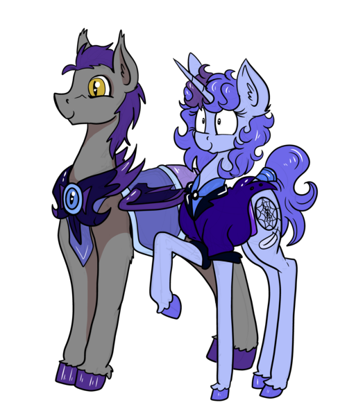 Size: 5680x6816 | Tagged: safe, artist:paskanaakka, derpibooru import, oc, oc:midnight dew, pony, unicorn, alternate timeline, colored hooves, couple, derpibooru exclusive, female, image, male, mare, night guard, nightmare takeover timeline, oc x oc, png, shipping, simple background, smiling, stallion, straight, transparent background, unshorn fetlocks