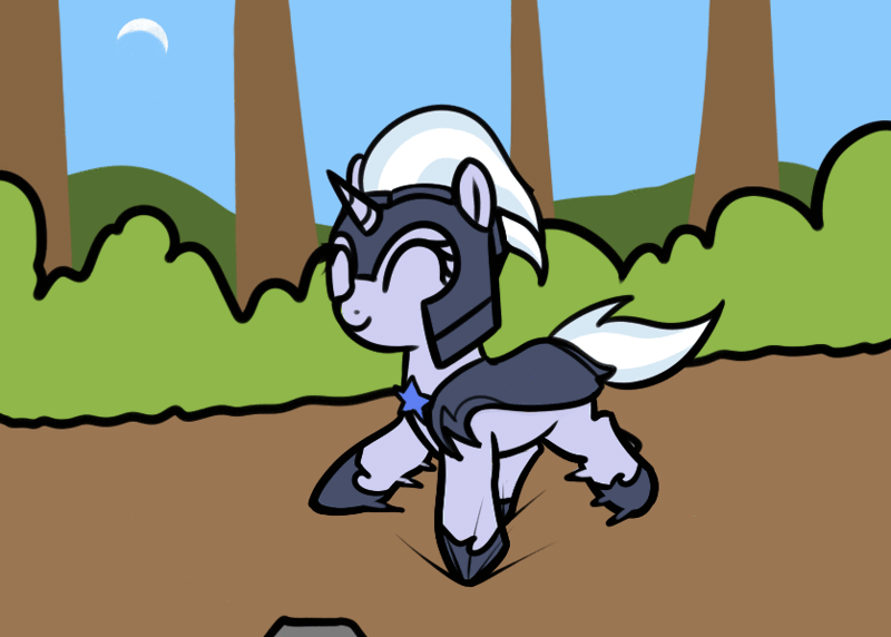Size: 837x598 | Tagged: safe, artist:neuro, derpibooru import, silver sable, pony, unicorn, animated, armor, cute, eyes closed, female, gif, guardsmare, helmet, hoof shoes, image, mare, motion blur, royal guard, smiling, solo, trotting