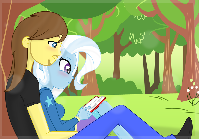 Size: 1920x1345 | Tagged: safe, artist:grapefruit-face, derpibooru import, trixie, oc, oc:grapefruit face, equestria girls, base used, blushing, book, clothes, image, outdoors, png, reading, shipping, sitting