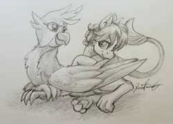 Size: 2272x1627 | Tagged: safe, artist:invalid-david, derpibooru import, gallus, sandbar, earth pony, gryphon, pony, drawing, gallbar, gay, grooming, image, jpeg, male, monochrome, pencil drawing, preening, shipping, traditional art