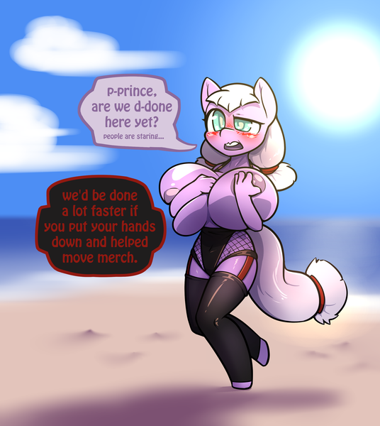 Size: 2205x2469 | Tagged: questionable, artist:afkregen, derpibooru import, oc, unofficial characters only, anthro, earth pony, unguligrade anthro, anatomically incorrect, areola, barely covered, beach, big areola, big breasts, breast expansion, breasts, bunny suit, clothes, cloud, covering breasts, digital art, failed covering, female, growth, huge breasts, image, impossibly large breasts, incorrect leg anatomy, nipples, nudity, ocean, offscreen character, open mouth, partial nudity, png, sand, sky, socks, solo, solo female, speech bubble, stockings, sun, tail, text, thigh highs, topless, undressing