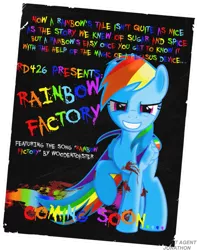 Size: 793x1008 | Tagged: grimdark, artist:secretagentjonathan, derpibooru import, rainbow dash, pegasus, pony, fanfic:rainbow factory, blood, evil grin, evil rainbow dash, fanfic art, grin, image, liquid rainbow, looking at you, movie poster, png, rainbow, smiling, text