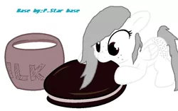 Size: 919x577 | Tagged: safe, artist:purplediamondcat, derpibooru import, oc, oc:cookies n' cream, pegasus, cookie, eating, food, image, looking down, milk, milk and cookies, png, solo