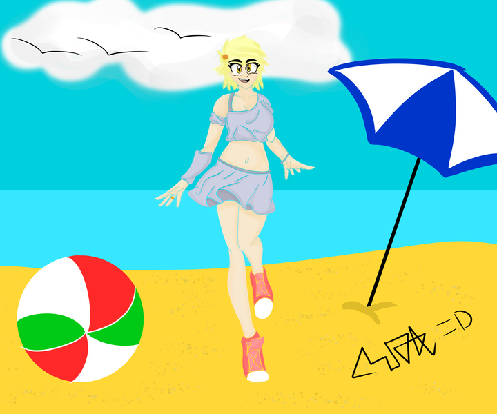 Size: 4133x3444 | Tagged: safe, artist:max rider, derpibooru import, derpy hooves, equestria girls, anime style, beach, beach clothes, digital art, female, females only, happy, image, manga style, png, red shoes, smiling, without lineart