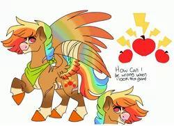 Size: 3452x2499 | Tagged: safe, artist:dodiejinx, derpibooru import, oc, unofficial characters only, pegasus, pony, colored wings, image, jpeg, magical lesbian spawn, multicolored wings, offspring, parent:applejack, parent:rainbow dash, parents:appledash, pegasus oc, rainbow wings, scar, simple background, solo, white background, wings