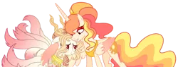 Size: 1280x488 | Tagged: safe, artist:venomous-cookietwt, derpibooru import, princess celestia, oc, oc:solana, hybrid, pony, female, hug, image, interspecies offspring, mother and child, mother and daughter, offspring, parent:discord, parent:princess celestia, parents:dislestia, png, simple background, transparent background, winghug, wings