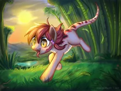 Size: 2560x1925 | Tagged: safe, artist:megabait, derpibooru import, dinosaur, lizard, pony, worm, female, grass, image, jpeg, running, solo, sun, valley