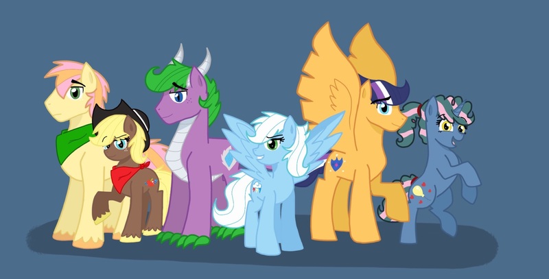 Size: 1886x959 | Tagged: safe, artist:pimpartist101, derpibooru import, oc, oc:big ben, oc:blu surprise, oc:crystal jewel, oc:delilah, oc:rider, oc:snow storm, unofficial characters only, dracony, earth pony, hybrid, pegasus, pony, unicorn, blue background, cowboy hat, female, freckles, hat, image, interspecies offspring, jpeg, male, mare, neckerchief, next generation, offspring, parent:applejack, parent:big macintosh, parent:caramel, parent:flash sentry, parent:fluttershy, parent:pinkie pie, parent:pokey pierce, parent:rainbow dash, parent:rarity, parent:soarin', parent:spike, parent:twilight sparkle, parents:carajack, parents:flashlight, parents:fluttermac, parents:pokeypie, parents:soarindash, parents:sparity, simple background, spread wings, stallion, unshorn fetlocks, wings