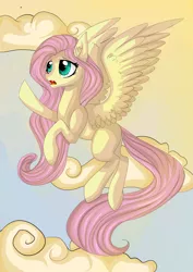 Size: 2059x2912 | Tagged: safe, artist:spidolot, derpibooru import, fluttershy, pegasus, pony, cloud, flying, image, jpeg, missing cutie mark, sky background, solo