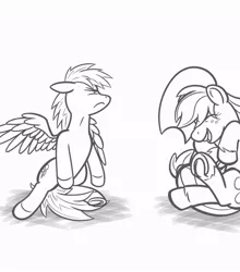 Size: 720x818 | Tagged: safe, artist:texasuberalles, derpibooru import, part of a set, applejack, rainbow dash, earth pony, pegasus, pony, angry, cowboy hat, duo, female, grayscale, grooming, hat, image, jpeg, laughing, mare, monochrome, preening, simple background, underhoof, white background