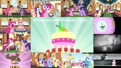 Size: 1920x1080 | Tagged: safe, artist:detectivefrankie, derpibooru import, edit, edited screencap, screencap, applejack, donut joe, fluttershy, gustave le grande, mulia mild, pinkie pie, princess celestia, rainbow dash, rarity, twilight sparkle, earth pony, gryphon, hybrid, mule, pegasus, pony, unicorn, mmmystery on the friendship express, bag, black and white, bowler hat, cake, chocolate, chocolate moose, collage, deerstalker, dessert, detective, donut, donutopia, eclair, food, grayscale, hat, image, james bond, marzipan mascarpone meringue madness, monochrome, ninja, pipe, png, saddle bag, sherlock holmes, sherlock pie, sherlock sparkle, silent film, sword, text, train, watson, weapon, widescreen, window