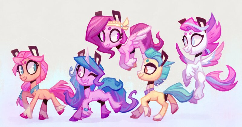 Size: 1857x972 | Tagged: safe, artist:art_adreamera, derpibooru import, hitch trailblazer, izzy moonbow, pipp, pipp petals, sunny starscout, zipp storm, earth pony, pegasus, pony, unicorn, female, flying, g5, group shot, image, jpeg, looking back, male, mare, one eye closed, profile, simple background, stallion, walking, wink, zipp