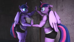 Size: 3840x2160 | Tagged: suggestive, artist:ndelngin, derpibooru import, twilight sparkle, twilight sparkle (alicorn), alicorn, anthro, equestria girls, 3d, big breasts, breasts, buff, busty twilight sparkle, butt, clothes, derpibooru exclusive, duality, duo, duo female, erect nipples, evil, evil grin, female, fetish, floppy ears, folded wings, glow, glowing eyes, grin, high res, horn, huge breasts, image, looking at each other, midnight sparkle, mirror, muscle fetish, muscles, muscular female, nexgen, nipple outline, open mouth, perky breasts, png, reflection, scared, self paradox, self ponidox, smiling, source filmmaker, surprised, thighlight sparkle, thighs, thunder thighs, twilight muscle, wings