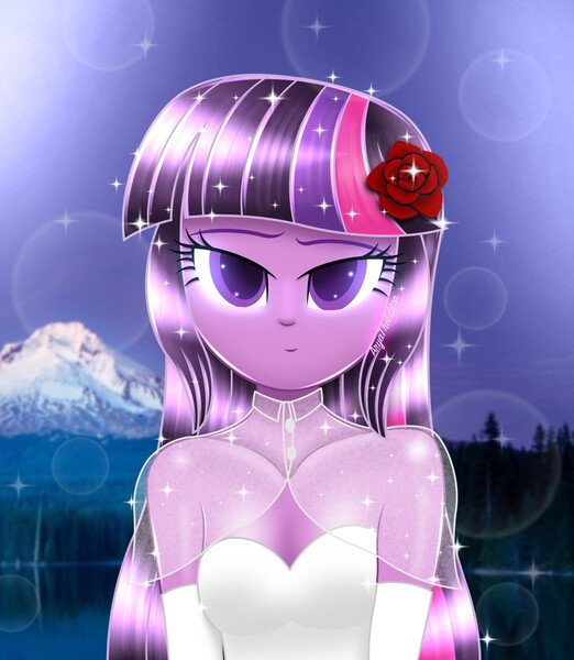 Size: 2000x2300 | Tagged: safe, artist:aryatheeditor, derpibooru import, sci-twi, twilight sparkle, equestria girls, bare shoulders, beautiful, bedroom eyes, bust, clothes, cute, digital art, dress, evening gloves, female, flower, gloves, glow, glowing eyes, image, jpeg, long gloves, looking at you, midnight sparkle, midnightabetes, mountain, night, outfit, rose, sleeveless, sleeveless turtleneck, smiling, smiling at you, twiabetes, wedding dress