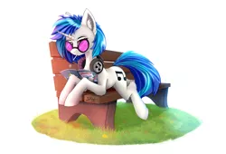 Size: 3850x2620 | Tagged: safe, artist:singovih, derpibooru import, vinyl scratch, pony, unicorn, bench, chupa chups, cutie mark, female, glasses, grass, headphones, hooves, horn, image, journal, lies, looking at you, mare, png, simple background, solo