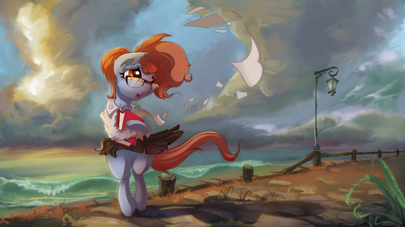 Size: 1920x1080 | Tagged: safe, artist:tony-retro, derpibooru import, oc, oc:furima, unofficial characters only, earth pony, pony, beach, bipedal, book, chest fluff, clothes, glasses, image, jpeg, lamp, lamp post, open mouth, paper, seaside, skirt, solo, wind