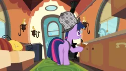 Size: 1920x1080 | Tagged: safe, derpibooru import, screencap, twilight sparkle, pony, unicorn, mmmystery on the friendship express, bubble, butt, deerstalker, detective, female, hat, image, mare, png, sherlock holmes, sherlock sparkle, solo, twibutt, unicorn twilight