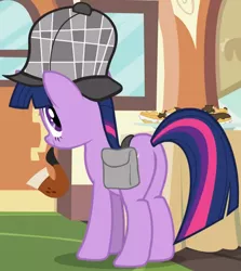 Size: 1000x1121 | Tagged: safe, derpibooru import, screencap, twilight sparkle, pony, unicorn, mmmystery on the friendship express, bag, bubble pipe, butt, cropped, deerstalker, detective, female, hat, image, mare, pipe, plot, png, saddle bag, sherlock sparkle, solo, twibutt, unicorn twilight