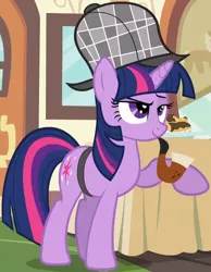 Size: 872x1121 | Tagged: safe, derpibooru import, screencap, twilight sparkle, pony, unicorn, mmmystery on the friendship express, bubble pipe, cropped, deerstalker, detective, female, hat, image, mare, pipe, png, sherlock sparkle, solo, unicorn twilight