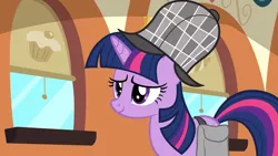 Size: 1920x1080 | Tagged: safe, derpibooru import, screencap, twilight sparkle, pony, unicorn, mmmystery on the friendship express, bag, deerstalker, detective, female, hat, image, mare, png, saddle bag, sherlock sparkle, solo, unicorn twilight