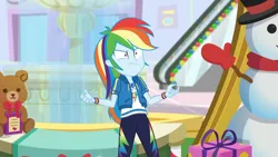Size: 3410x1920 | Tagged: safe, derpibooru import, screencap, rainbow dash, equestria girls, equestria girls series, holidays unwrapped, spoiler:eqg series (season 2), angry, clothes, cutie mark, cutie mark on clothes, dashing through the mall, female, geode of super speed, hoodie, image, jewelry, jpeg, magical geodes, necklace, rainbow dash is best facemaker, solo