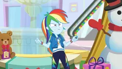 Size: 3410x1920 | Tagged: safe, derpibooru import, screencap, rainbow dash, equestria girls, equestria girls series, holidays unwrapped, spoiler:eqg series (season 2), angry, clothes, cutie mark, cutie mark on clothes, dashing through the mall, female, geode of super speed, hoodie, image, jewelry, jpeg, magical geodes, necklace, rainbow dash is best facemaker, solo