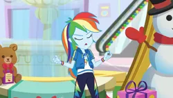 Size: 3410x1920 | Tagged: safe, derpibooru import, screencap, rainbow dash, equestria girls, equestria girls series, holidays unwrapped, spoiler:eqg series (season 2), clothes, cutie mark, cutie mark on clothes, dashing through the mall, eyes closed, female, geode of super speed, hoodie, image, jewelry, jpeg, magical geodes, necklace, open mouth, solo