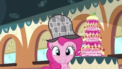 Size: 994x559 | Tagged: safe, derpibooru import, screencap, pinkie pie, earth pony, pony, mmmystery on the friendship express, cake, deerstalker, dessert, detective, female, food, hat, image, mare, marzipan mascarpone meringue madness, png, sherlock holmes, sherlock pie, train