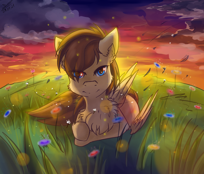 Size: 1580x1352 | Tagged: safe, artist:yuris, derpibooru import, oc, oc:sharpwing, unofficial characters only, pegasus, pony, blue eyes, brown mane, commission, field, flower, folded wings, frown, image, lies, male, png, solo, wind, wings, ych result