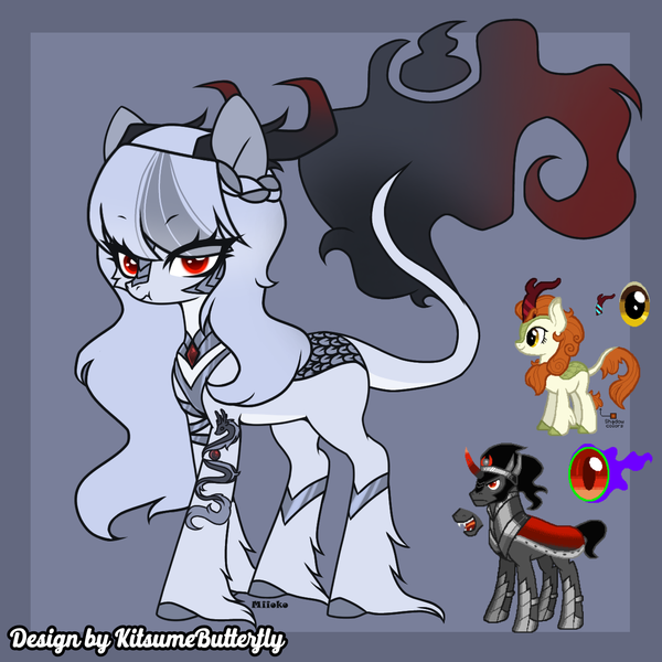 Size: 1300x1300 | Tagged: safe, artist:tresmariasarts, derpibooru import, autumn blaze, king sombra, oc, oc:silver scorch, unofficial characters only, kirin, fusion, horn, image, jewelry, multiple horns, png, regalia, two-horned kirin