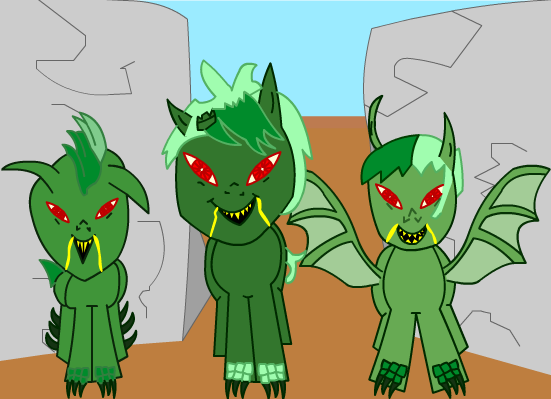 Size: 551x399 | Tagged: safe, artist:flikaline, derpibooru import, oc, unofficial characters only, bat wings, broken horn, clawed hooves, drool, goblin pony, horn, image, png, trio, wings