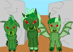 Size: 551x399 | Tagged: safe, artist:flikaline, derpibooru import, oc, unofficial characters only, bat wings, broken horn, clawed hooves, drool, goblin pony, horn, image, png, trio, wings