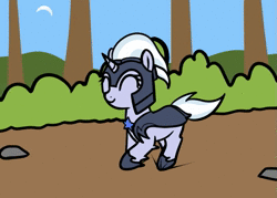 Size: 836x598 | Tagged: safe, artist:neuro, silver sable, pony, unicorn, animated, armor, cute, eyes closed, female, guardsmare, helmet, hoof shoes, image, mare, motion blur, mp4, royal guard, smiling, solo, trotting
