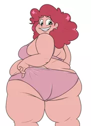 Size: 1200x1650 | Tagged: suggestive, alternate version, artist:noh-buddy, derpibooru import, pinkie pie, human, bbw, blushing, blush sticker, bra, butt, clothes, fat, female, humanized, image, large butt, looking back, panties, png, pudgy pie, rear view, simple background, skindentation, smiling, solo, solo female, thighs, thunder thighs, underwear, white background, wide hips