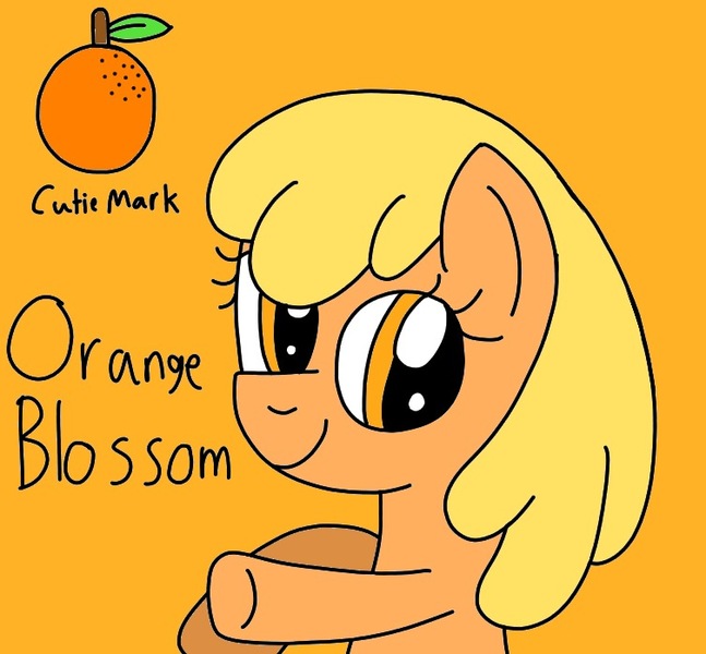 Size: 753x698 | Tagged: safe, artist:yorkyloves, derpibooru import, oc, oc:orange blossom, earth pony, pony, ask, ask juby, cutie mark, female, food, fruit, image, jpeg, mare, orange, orange background, raised hoof, raised leg, signature, simple background, smiling, tumblr, underhoof