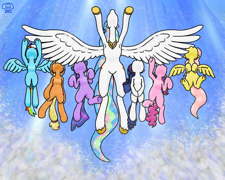 Size: 5000x4000 | Tagged: safe, artist:a-jaller, derpibooru import, applejack, fluttershy, pinkie pie, princess celestia, rainbow dash, rarity, twilight sparkle, alicorn, earth pony, pegasus, pony, unicorn, armpits, belly, flying, from below, image, improvisation, nom, png, unicorn twilight, worm's eye view