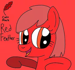 Size: 753x698 | Tagged: safe, artist:yorkyloves, derpibooru import, oc, oc:red feather, earth pony, pony, ask, ask juby, cutie mark, feather, female, hooves, image, jpeg, mare, open mouth, red background, signature, simple background, smiling, tumblr, underhoof