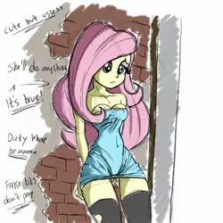 Size: 2048x2048 | Tagged: suggestive, artist:stammis, derpibooru import, fluttershy, equestria girls, clothes, dress, female, image, jpeg, prostitute, socks, solo, solo female, stockings, thigh highs, underass