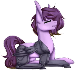 Size: 727x681 | Tagged: safe, artist:song-star, derpibooru import, oc, oc:nebula patroler, unofficial characters only, cyborg, pegasus, pony, commission, cyber-questria, eyes closed, female, image, lying down, mare, png, prone, simple background, solo, transparent background