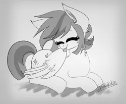 Size: 2000x1650 | Tagged: safe, artist:saveraedae, derpibooru import, oc, oc:double w, unofficial characters only, pegasus, pony, cute, eyes closed, female, grayscale, grooming, image, licking, monochrome, png, preening, sketch, solo, tongue out, wings