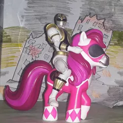 Size: 1280x1282 | Tagged: safe, artist:dex stewart, derpibooru import, official, earth pony, human, pony, action figure, hasbro, image, irl, jpeg, merchandise, mighty morphin power rangers, morphin pink pony, photo, pink ranger, power rangers, riding a pony, toy, white ranger