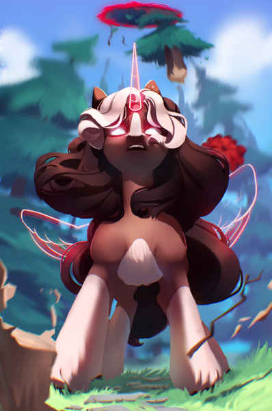 Size: 996x1500 | Tagged: safe, alternate version, artist:drdepper, derpibooru import, oc, unofficial characters only, alicorn, earth pony, pony, artificial wings, augmented, female, forest, glowing eyes, image, magic, magic horn, magic wings, mare, png, pnoy, portal, solo, tree, wings