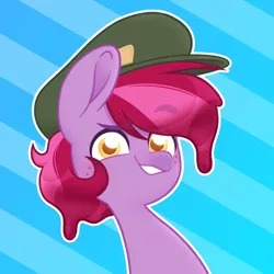 Size: 2006x2006 | Tagged: safe, artist:ninnydraws, derpibooru import, oc, oc:jelly, unofficial characters only, earth pony, bust, freckles, hat, image, jpeg, looking at you, male, simple background, smiling, smirk