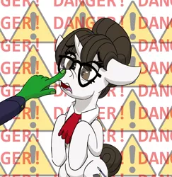 Size: 916x942 | Tagged: safe, artist:sufficient, derpibooru import, raven, oc, oc:anon, unicorn, background, boop, danger, exclamation point, glasses, hair bun, image, necktie, panic, png, scared, scrunchy face, warning sign