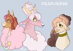 Size: 1280x895 | Tagged: safe, artist:sodafalls, derpibooru import, oc, oc:angel delight, oc:bubble chai, oc:éclair, unofficial characters only, draconequus, pony, blue background, bust, image, interspecies offspring, jpeg, offspring, parent:cheese sandwich, parent:discord, parent:pinkie pie, parents:cheesepie, parents:discopie, portrait, simple background