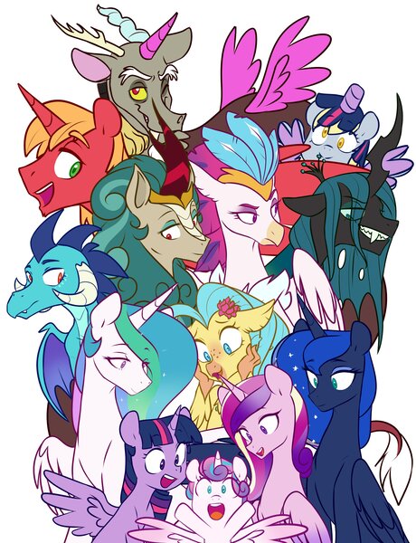 Size: 3140x4096 | Tagged: safe, alternate version, artist:chub-wub, derpibooru import, big macintosh, derpy hooves, princess cadance, princess celestia, princess ember, princess flurry heart, princess luna, princess skystar, queen chrysalis, queen novo, rain shine, twilight sparkle, twilight sparkle (alicorn), alicorn, changeling, changeling queen, dragon, hippogriff, kirin, pegasus, pony, my little pony: the movie, alicorn costume, alicorn pentarchy, alicornified, baby, clothes, costume, cute, dragoness, fake horn, fake wings, female, flurrybetes, image, jpeg, mare, nightmare night costume, one of these things is not like the others, open mouth, princess big mac, princess derpy, race swap, royal sisters, siblings, simple background, sisters, toilet paper roll, toilet paper roll horn, twilight muffins, white background, wig