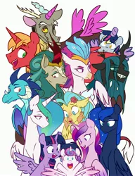 Size: 3140x4096 | Tagged: safe, alternate version, artist:chub-wub, derpibooru import, big macintosh, derpy hooves, princess cadance, princess celestia, princess ember, princess flurry heart, princess luna, princess skystar, queen chrysalis, queen novo, rain shine, twilight sparkle, twilight sparkle (alicorn), alicorn, changeling, changeling queen, dragon, hippogriff, kirin, pegasus, pony, my little pony: the movie, alicorn costume, alicornified, alicorn pentarchy, baby, clothes, costume, cute, dragoness, fake horn, fake wings, female, flurrybetes, image, jpeg, mare, nightmare night costume, one of these things is not like the others, open mouth, princess big mac, princess derpy, race swap, royal sisters, siblings, simple background, sisters, toilet paper roll, toilet paper roll horn, twilight muffins, white background, wig