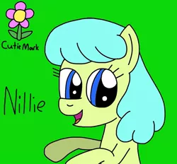 Size: 753x698 | Tagged: safe, artist:yorkyloves, derpibooru import, oc, oc:nillie, earth pony, pony, ask, ask juby, cutie mark, female, flower, green background, hooves, hooves up, image, jpeg, mare, open mouth, rearing, signature, simple background, smiling, tumblr, underhoof